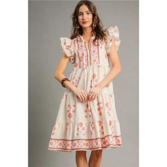 Umgee Printed Tie Neck Ruffle Cap Sleeve Dress - Picture 1 of 4